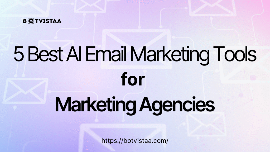 Banner image with the title '5 Best AI Email Marketing Tools for Marketing Agencies' and website link 'https://mediumblue-clam-492048.hostingersite.com/' on a pastel gradient background with envelope icons symbolizing email automation.
