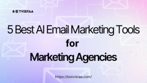 Banner image with the title '5 Best AI Email Marketing Tools for Marketing Agencies' and website link 'https://mediumblue-clam-492048.hostingersite.com/' on a pastel gradient background with envelope icons symbolizing email automation.