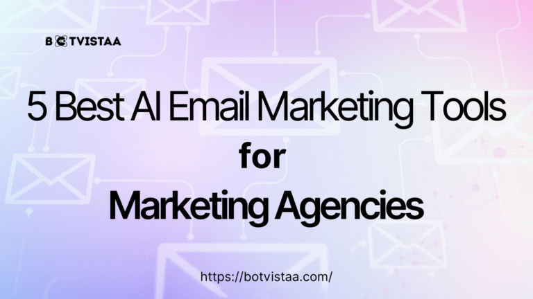 Banner image with the title '5 Best AI Email Marketing Tools for Marketing Agencies' and website link 'https://mediumblue-clam-492048.hostingersite.com/' on a pastel gradient background with envelope icons symbolizing email automation.