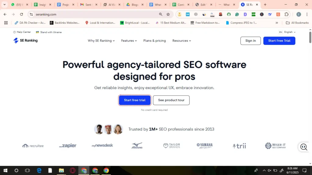 AI SEO tool for agencies showcased on the SE Ranking homepage with a free trial call-to-action.