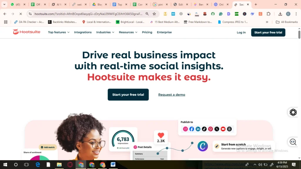 Hootsuite social media management tool showing engagement metrics, brand mentions, and scheduling options for businesses.